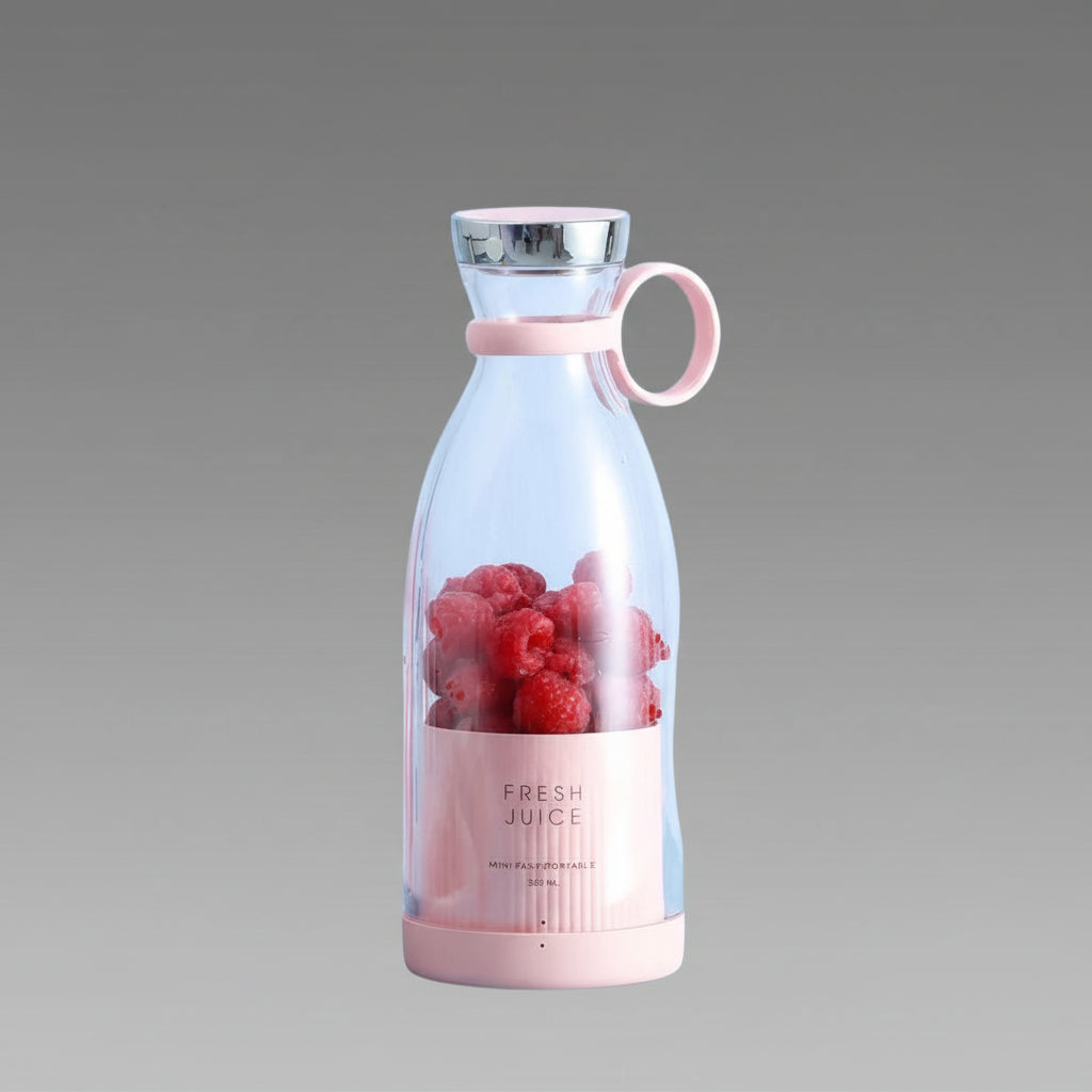 Clear bottle with pink base and handle, filled with raspberries, on a gray background