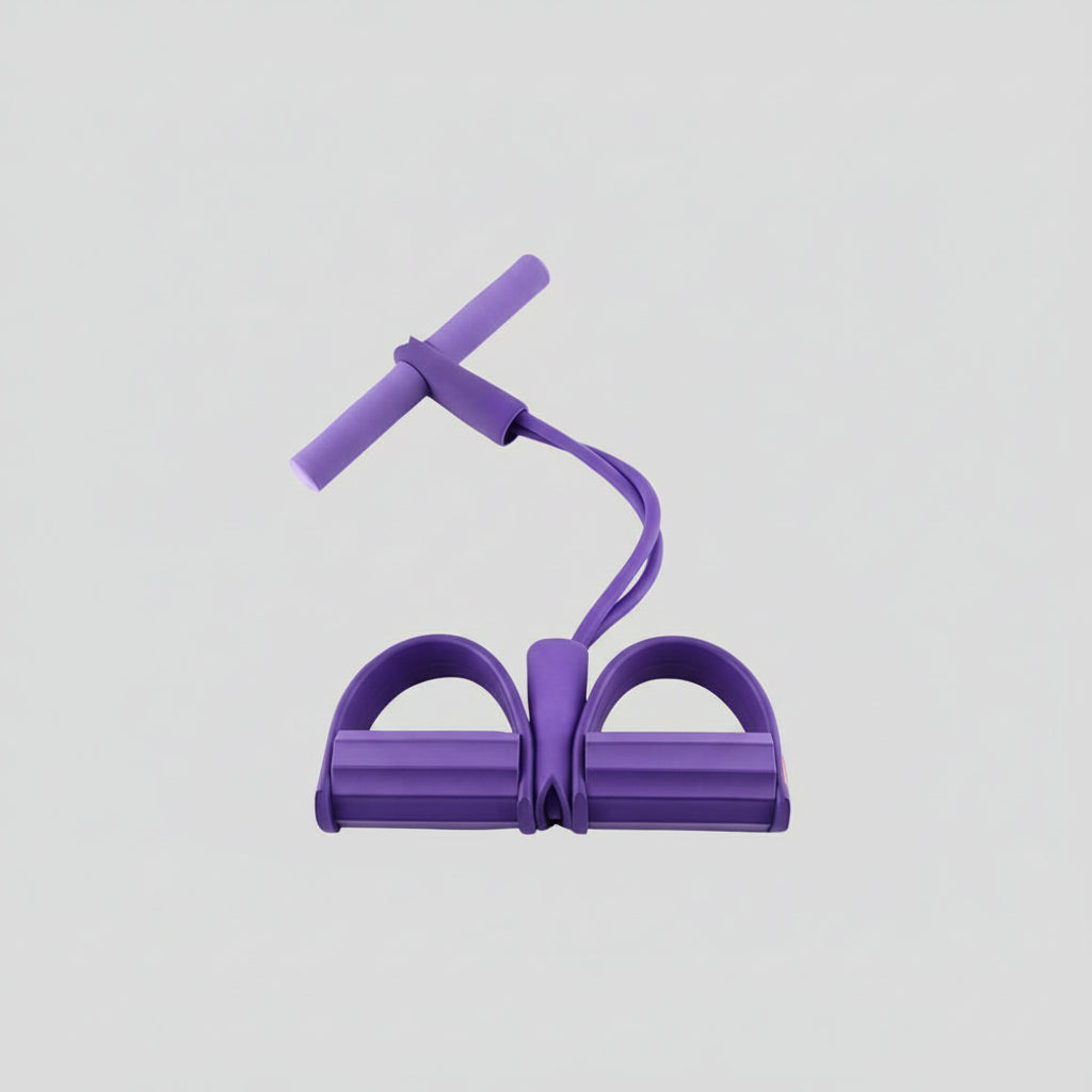 Purple resistance band exercise tool on a white background