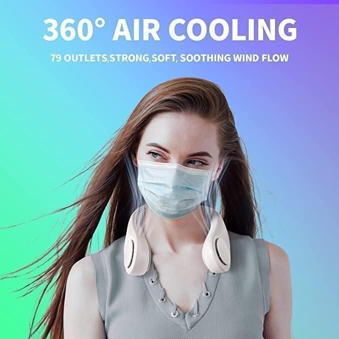 Woman wearing a face mask and visor with text about 360-degree air cooling on a colorful background