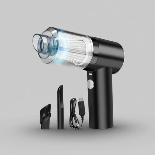 Black handheld vacuum cleaner with attachments on a white background