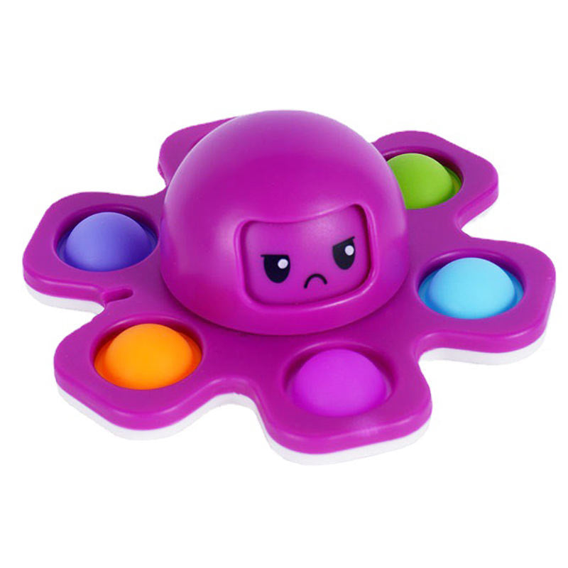Purple octopus-shaped pop-it toy with colorful dots on a white background
